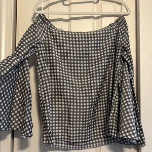 Express Grey and White Gingham Off-Shoulder Top